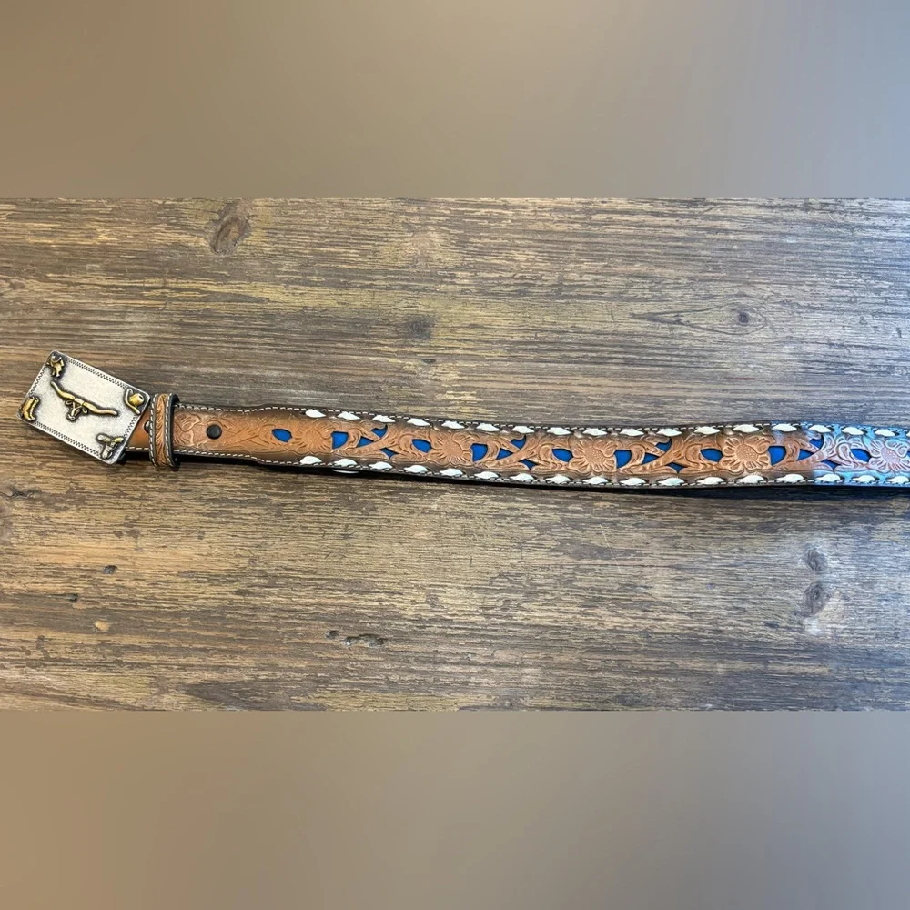 BOYS BLUE INLAYED LONGHORN BELT